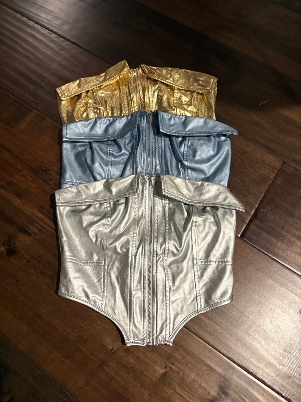 3 SHEIN Metallic Strapless Corset Bodysuit in Gold, Blue, Silver